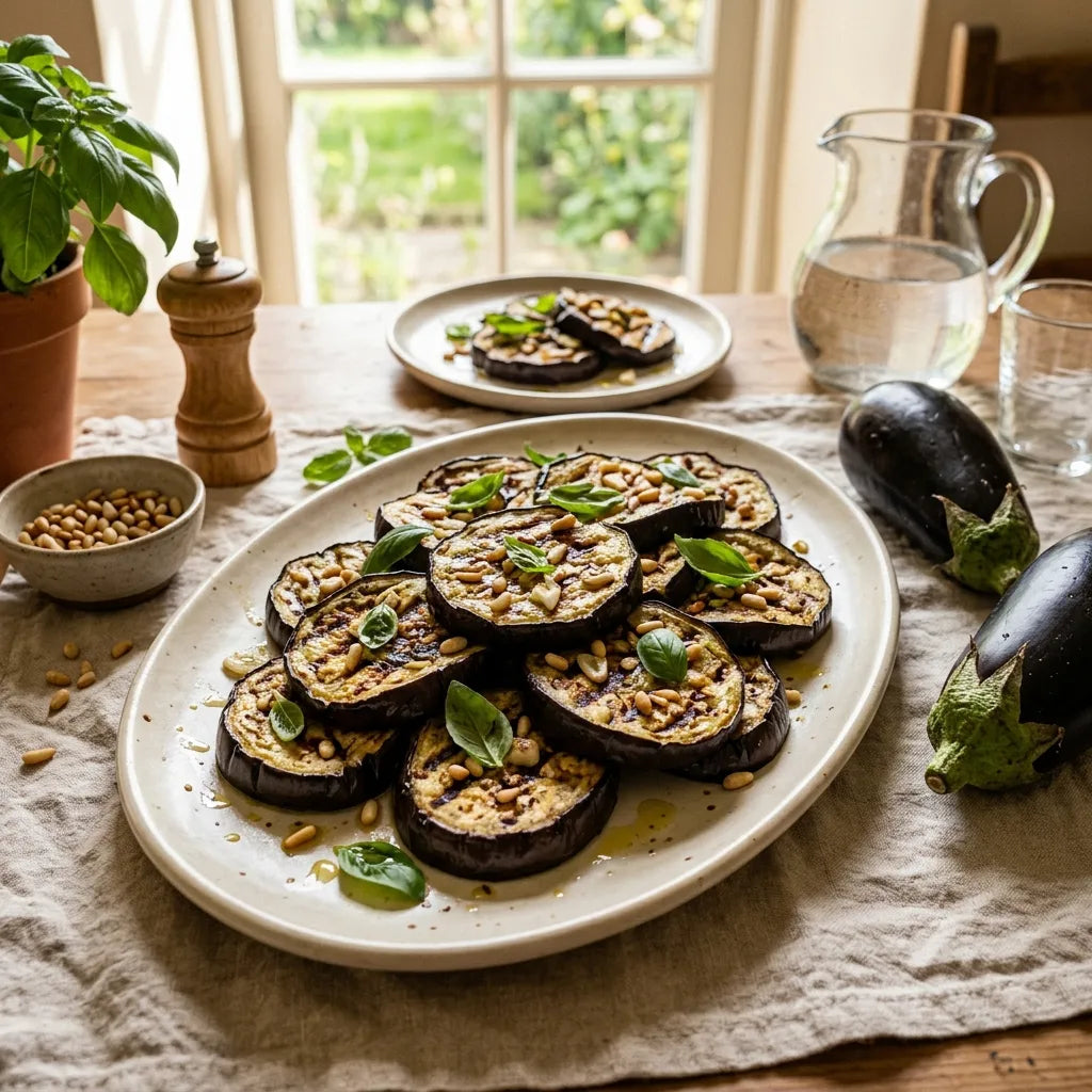 Grand plat de tranches d'aubergine Black Beauty grillées au basilic — SemiSauvage