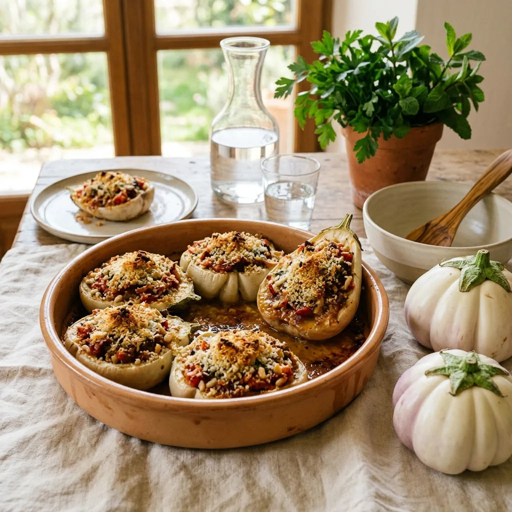 Aubergines Rotonda di Bianca farcies et gratinées dans un plat de terre cuite — SemiSauvage