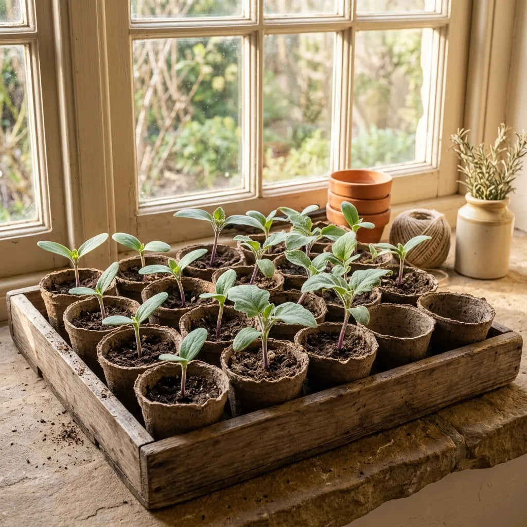 Semis d'aubergine en godets de tourbe sur un rebord de fenêtre — SemiSauvage