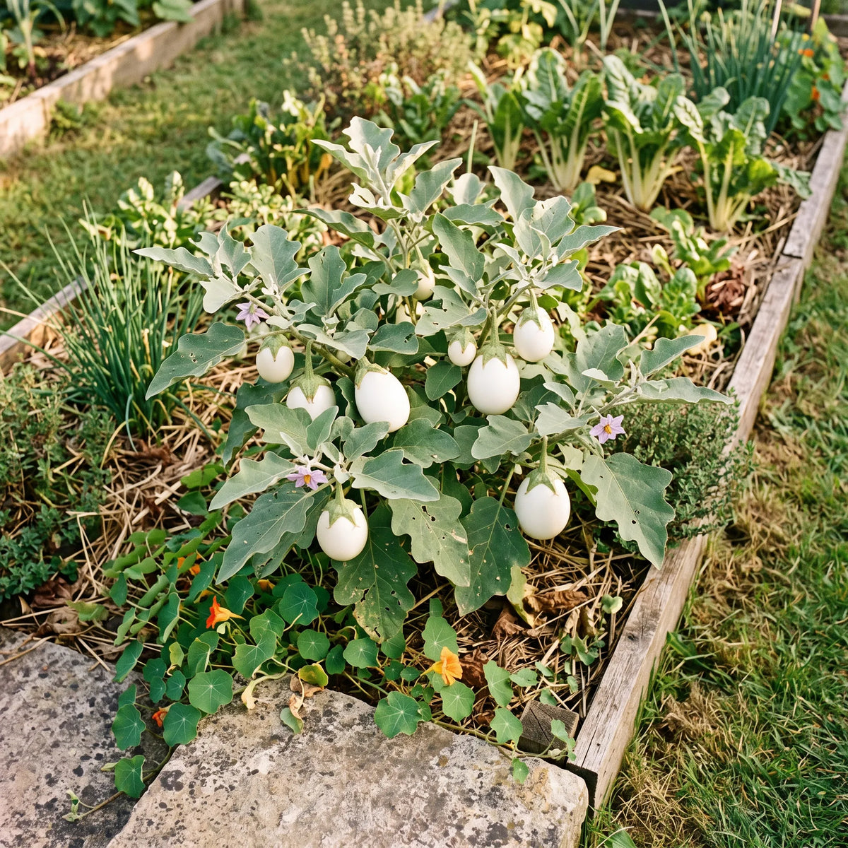 Pied d'aubergine White Egg constellé de petits fruits blancs au potager — SemiSauvage