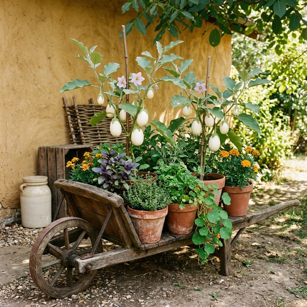 Aubergines White Egg cultivées en pots dans une ancienne brouette de bois — SemiSauvage