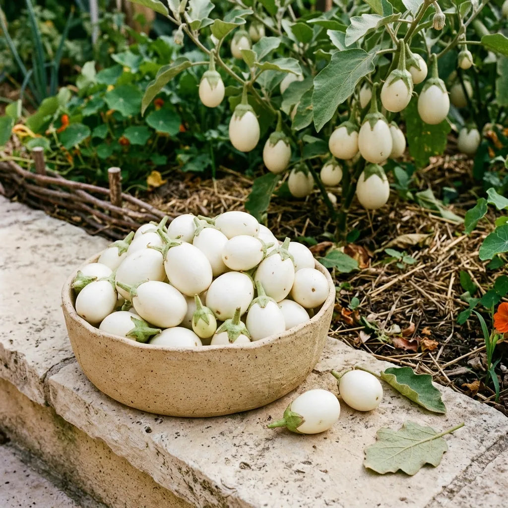 Corbeille de petites aubergines White Egg fraîchement cueillies — SemiSauvage