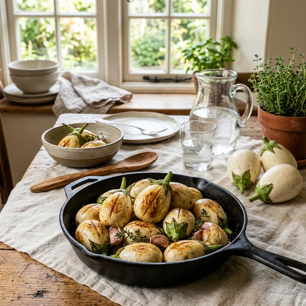 Petites aubergines White Egg sautées entières à la poêle en fonte — SemiSauvage