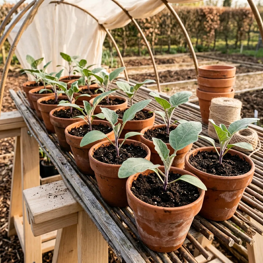 Jeunes plants d'aubergine en godets de terre cuite sous un tunnel de forçage — SemiSauvage