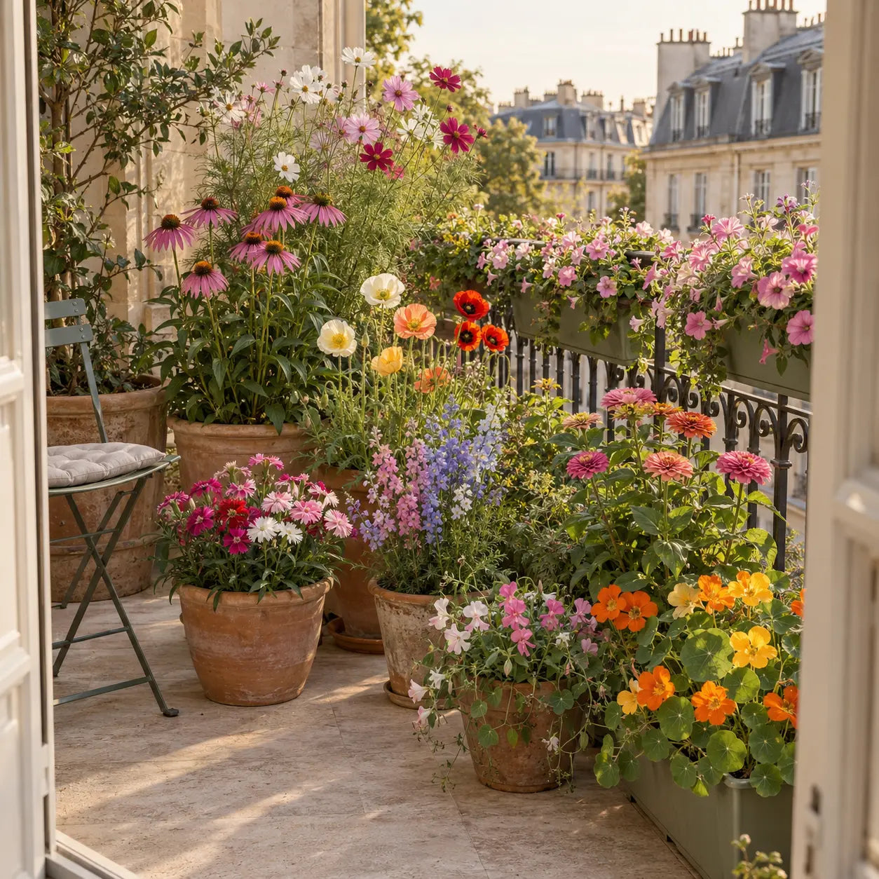 Balcon fleuri avec cosmos, échinacées, pavots, pétunias et capucines en pots et jardinières.