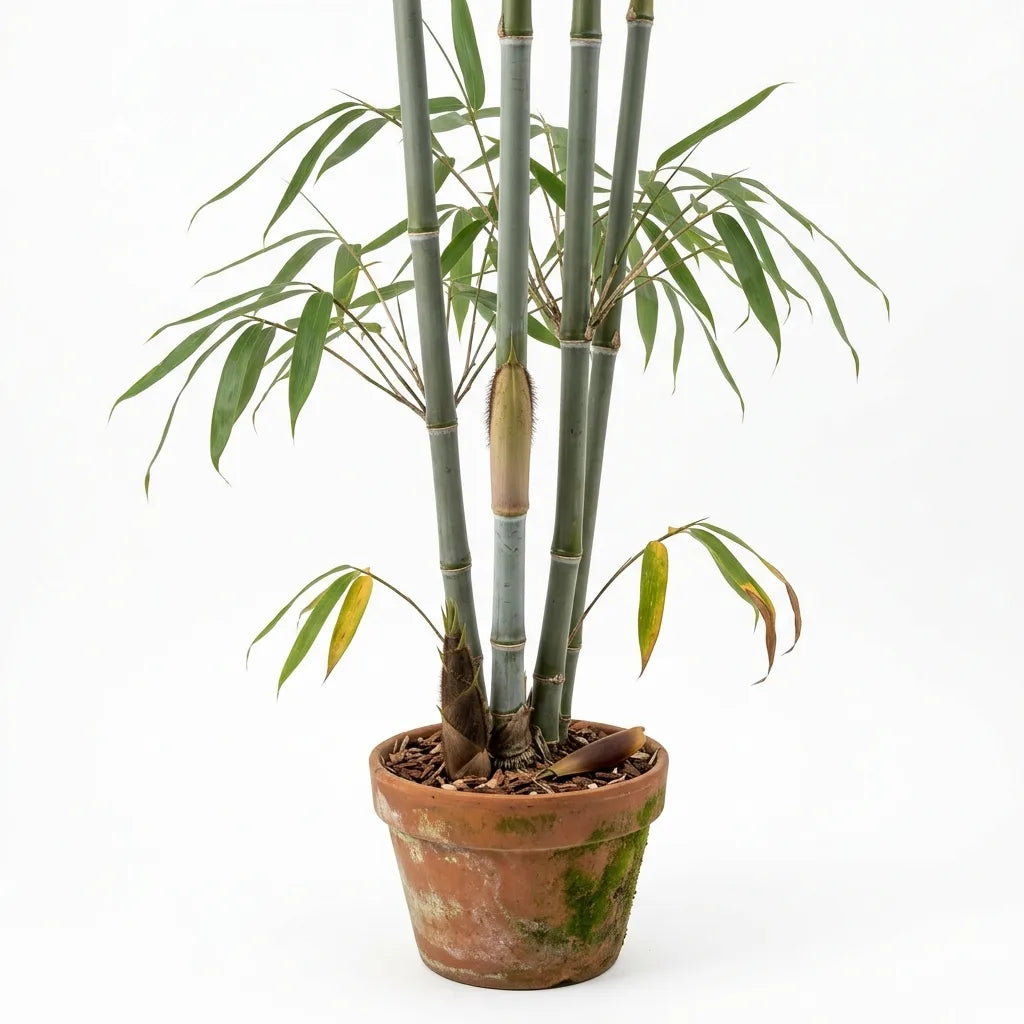 Jeune bambou géant (Dendrocalamus giganteus) en touffe cespiteuse dans son bac, sur fond blanc — SemiSauvage
