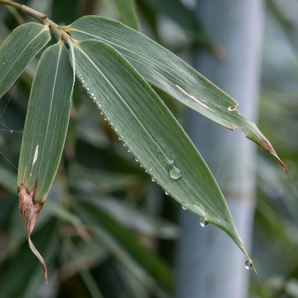 Macro des grandes feuilles lancéolées du bambou géant, couvertes de rosée — SemiSauvage