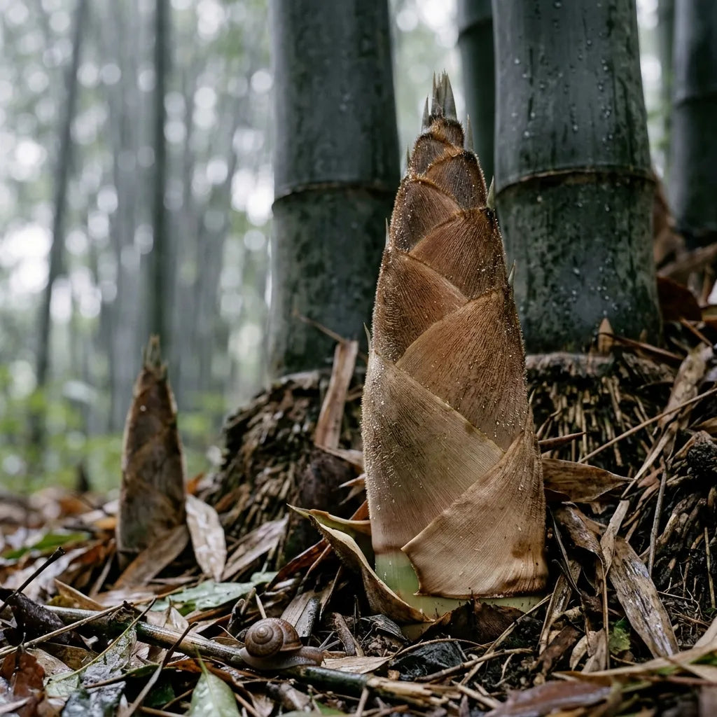 Turion de bambou géant émergeant, gaines couvertes de poils bruns — SemiSauvage