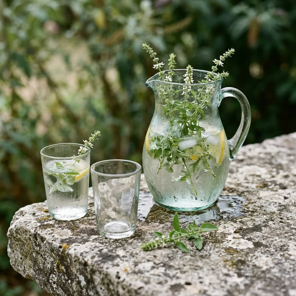 Eau infusée au basilic citron et au citron dans un pichet de verre — SemiSauvage