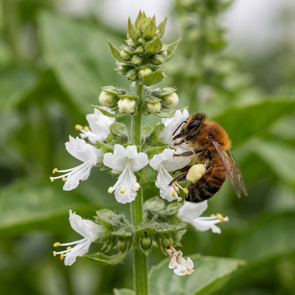 Abeille butinant l'épi de fleurs blanches du basilic citron — SemiSauvage