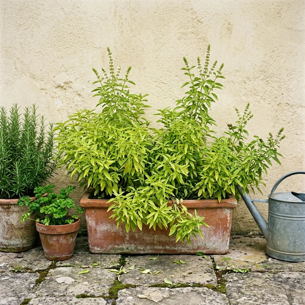 Basilic citron en jardinière de terre cuite sur une terrasse dallée — SemiSauvage