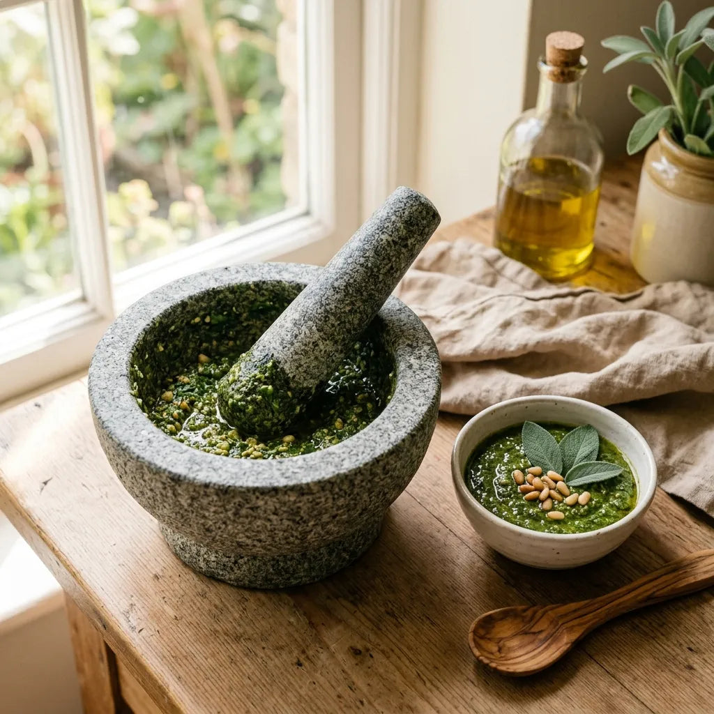 Pesto de basilic fraîchement pilé dans un mortier de pierre, cuisine de campagne