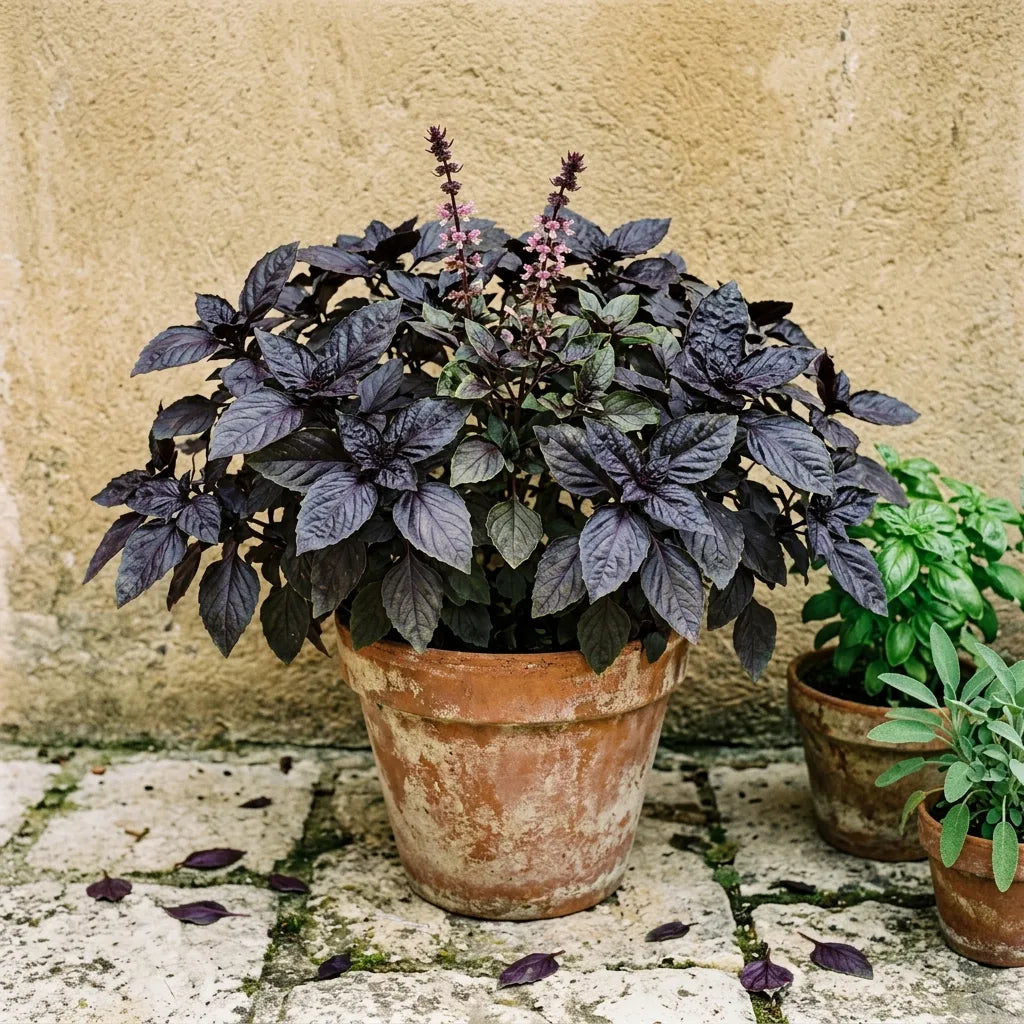 Basilic pourpre en grande potée de terre cuite sur une terrasse — SemiSauvage