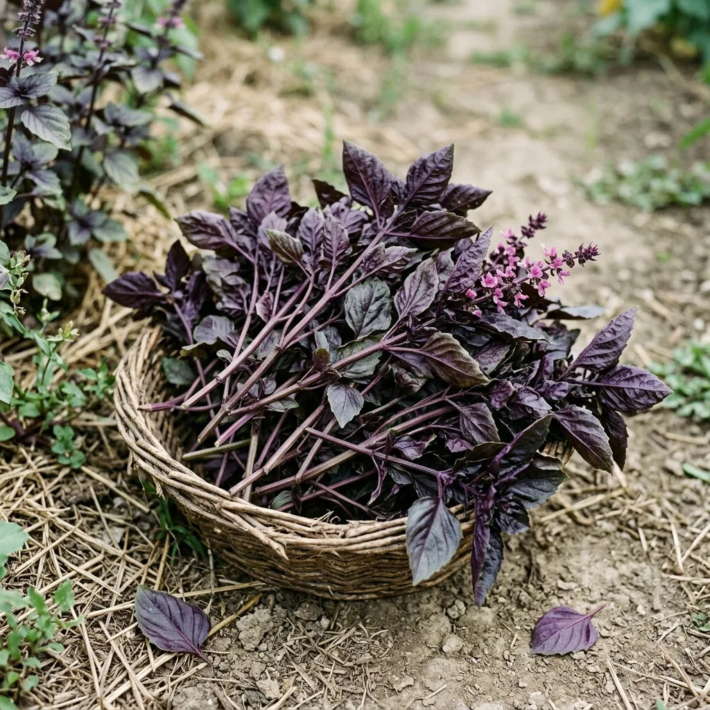 Récolte de basilic pourpre en corbeille d'osier au potager — SemiSauvage