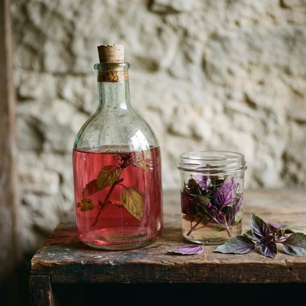 Vinaigre coloré en rubis par macération de basilic pourpre — SemiSauvage