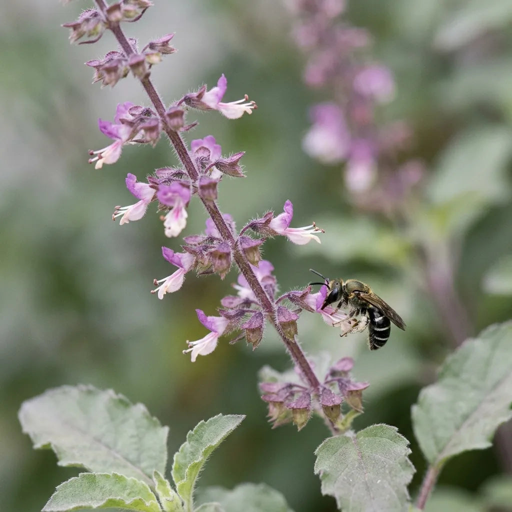 Petite abeille solitaire halicte butinant une fleur mauve de basilic sacré tulsi — SemiSauvage
