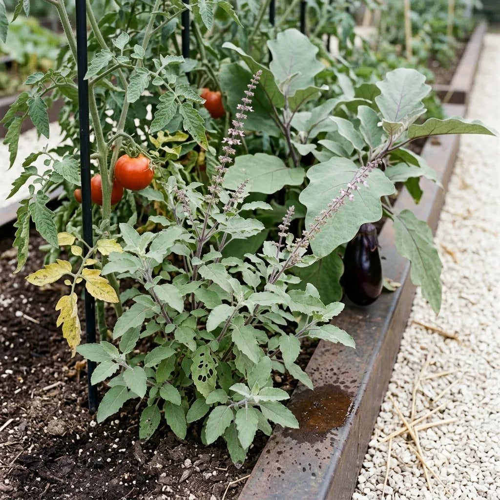 Association au potager : basilic sacré tulsi planté au pied des tomates et des aubergines — SemiSauvage