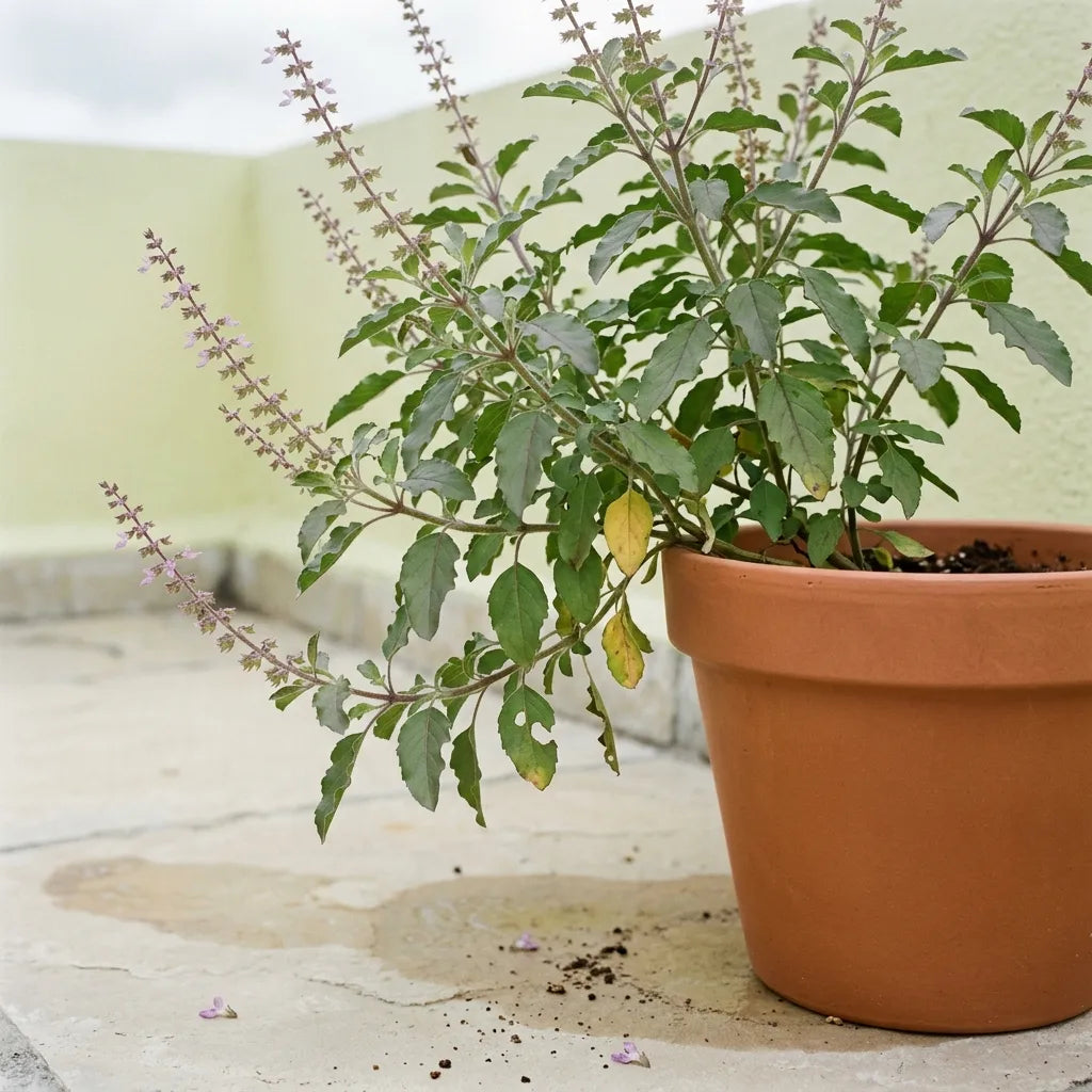 Pied de basilic sacré tulsi cultivé en pot de terre cuite sur une terrasse, buisson ramifié et épis mauves dressés — SemiSauvage