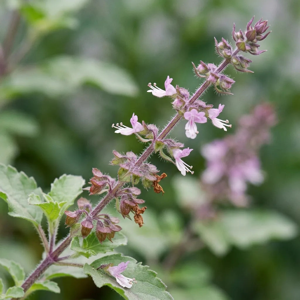Macro de l'épi floral du tulsi : verticilles espacés de fleurs bilabiées mauve pâle et calices velus reflétant les graines à venir — SemiSauvage
