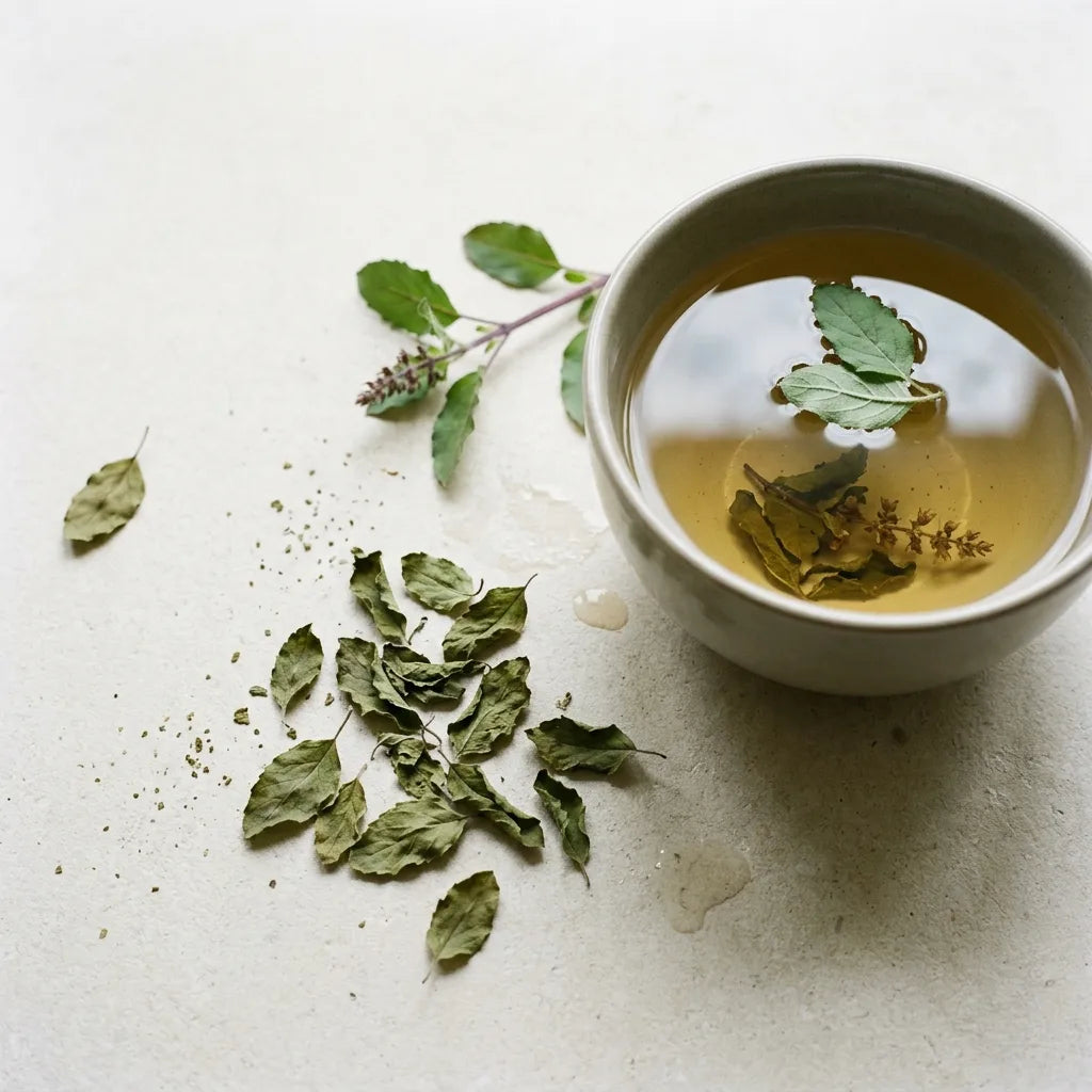 Infusion de basilic sacré tulsi dans un bol de grès émaillé mat, avec feuilles fraîches et séchées — SemiSauvage