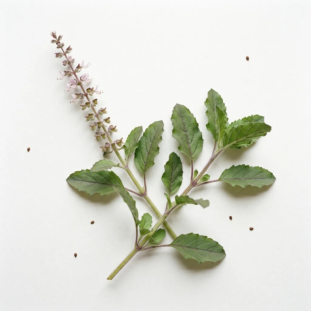 Rameaux de basilic sacré tulsi : tige quadrangulaire velue, feuilles dentées duveteuses et épi à verticilles mauves, sur fond blanc — SemiSauvage