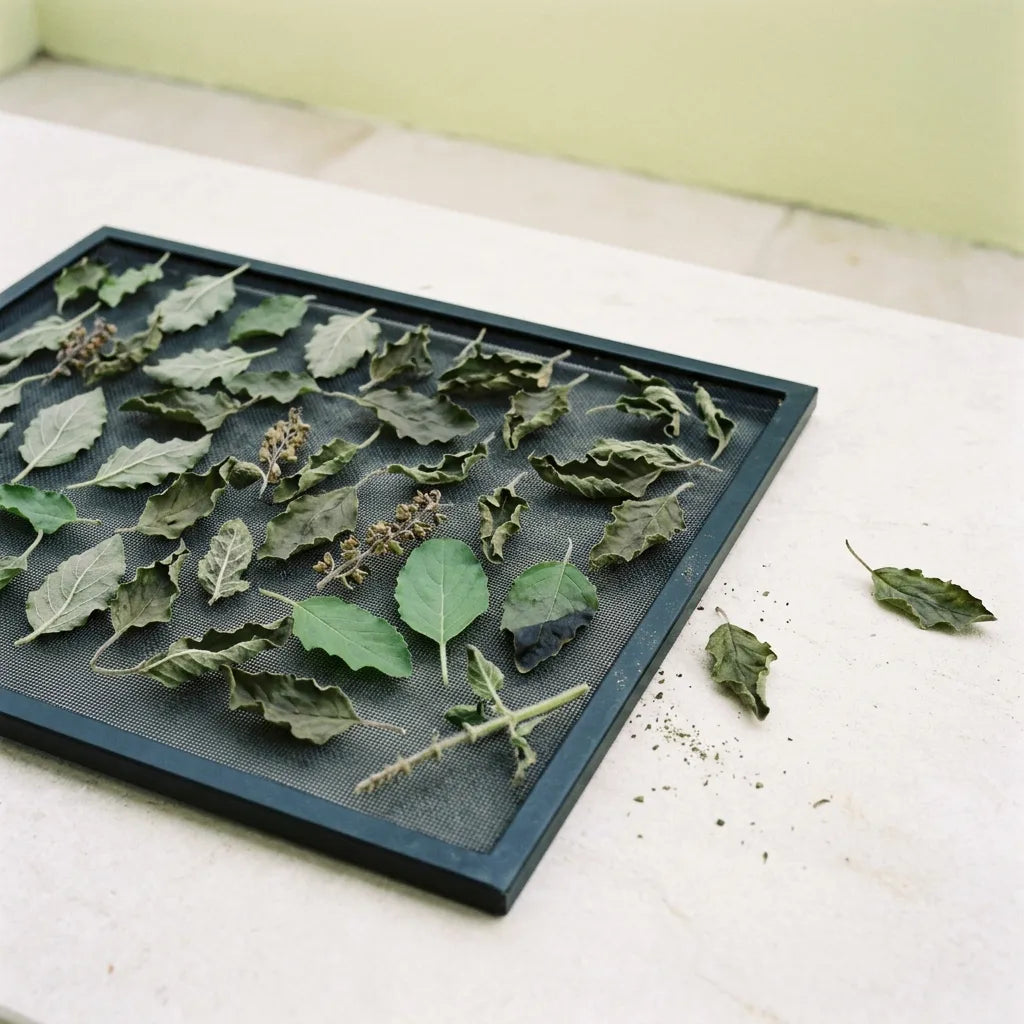 Feuilles de tulsi en train de sécher sur une claie d'acier noir, recroquevillées et passées au vert olive — SemiSauvage