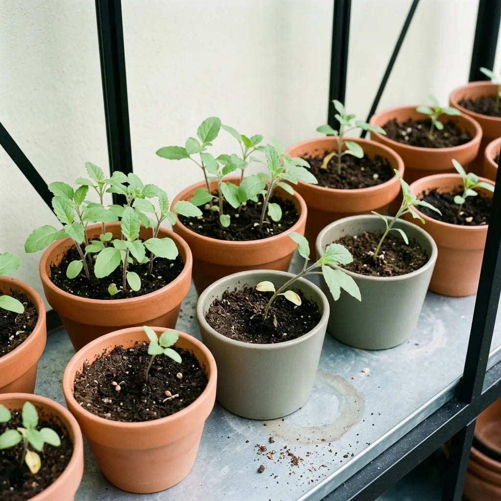 Jeunes semis de basilic sacré tulsi en godets de terre cuite et de grès sous châssis — SemiSauvage