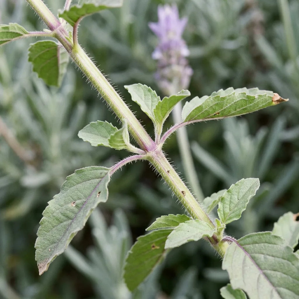 Détail du tulsi : tige quadrangulaire hérissée de poils blancs, feuilles opposées décussées à marge dentée — SemiSauvage