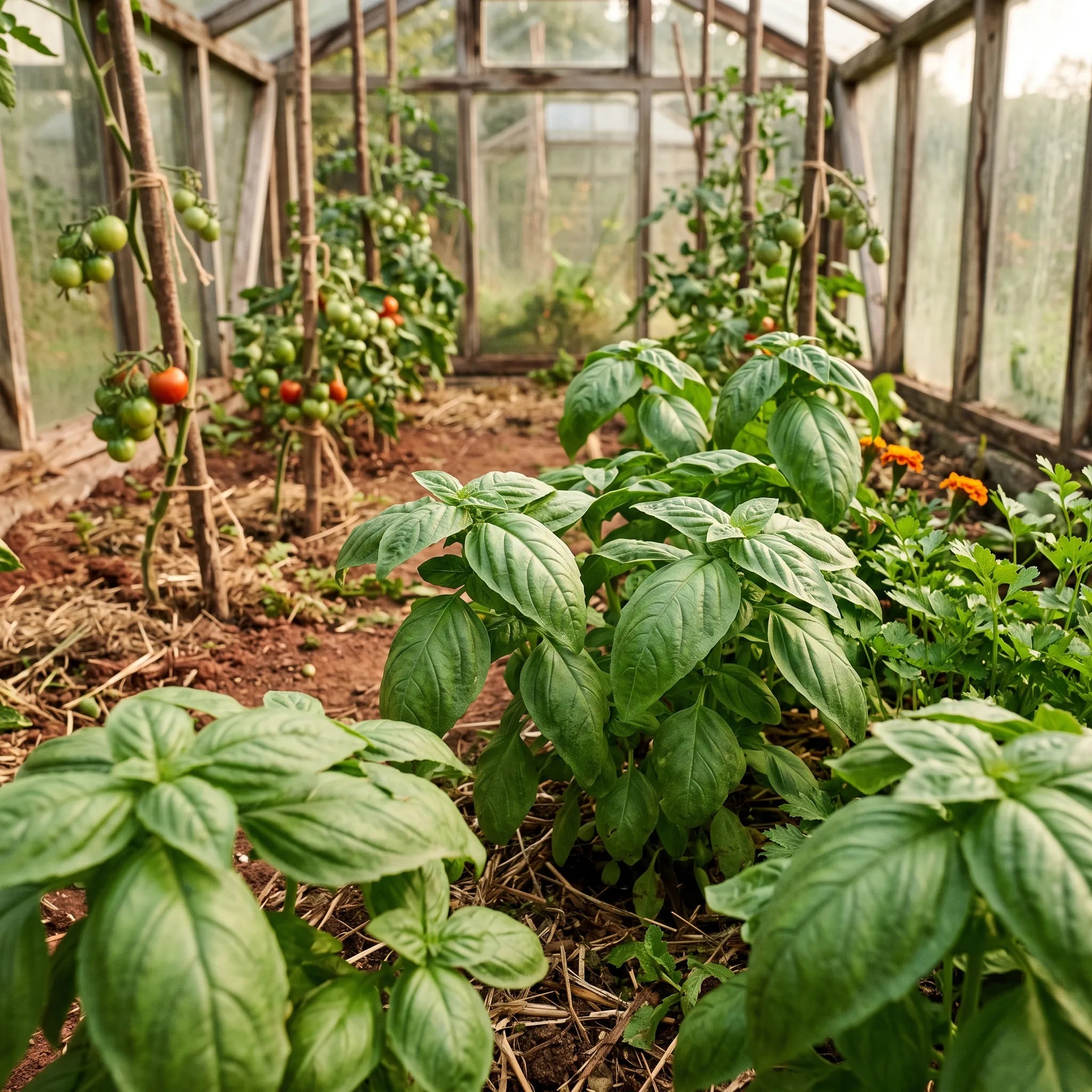 Pieds de basilic cultivés au pied des tomates dans une serre de jardin lumineuse