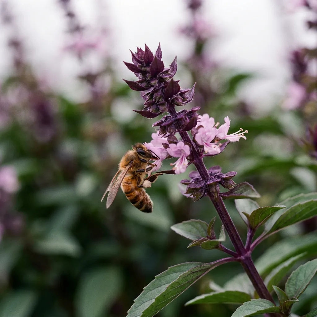 Abeille domestique butinant un épi de basilic thaï laissé en fleur pour les pollinisateurs — SemiSauvage