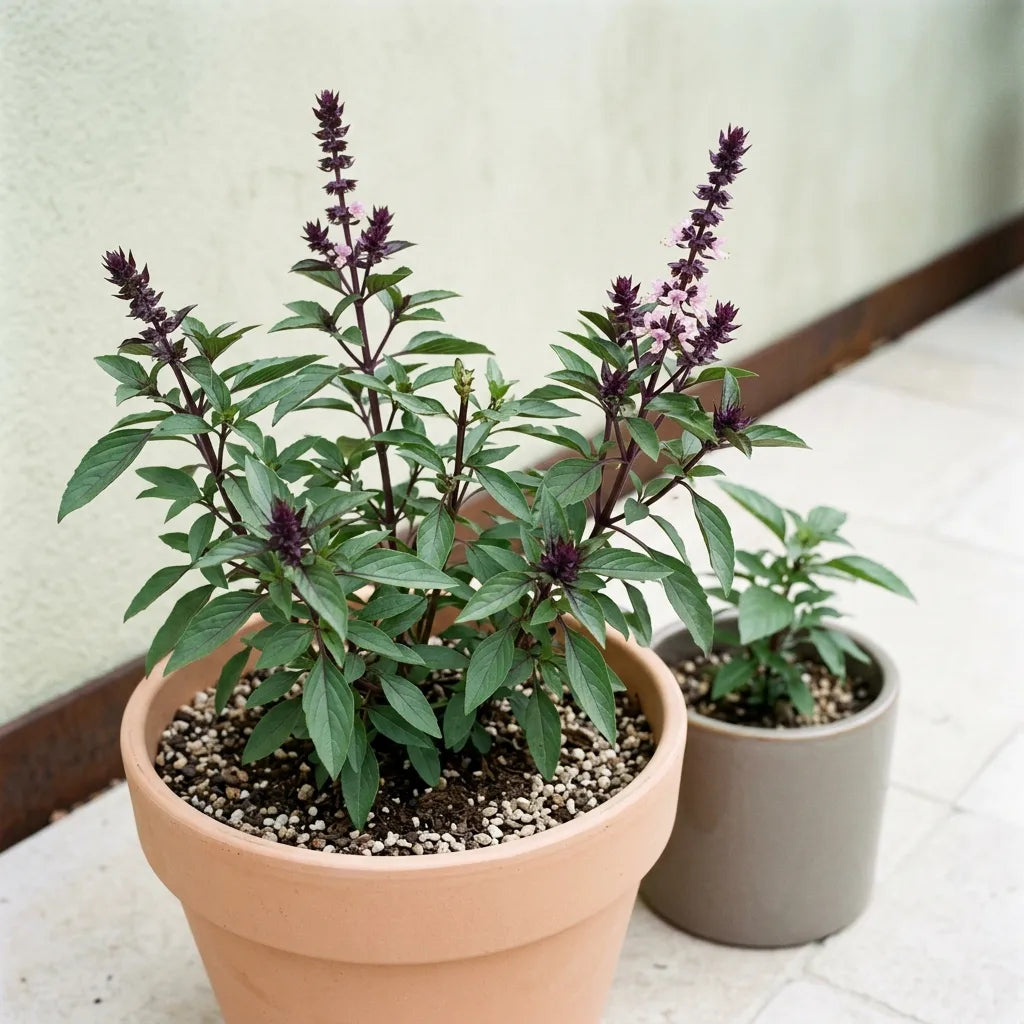 Culture du basilic thaï en pot de terre cuite sur une terrasse ensoleillée — SemiSauvage