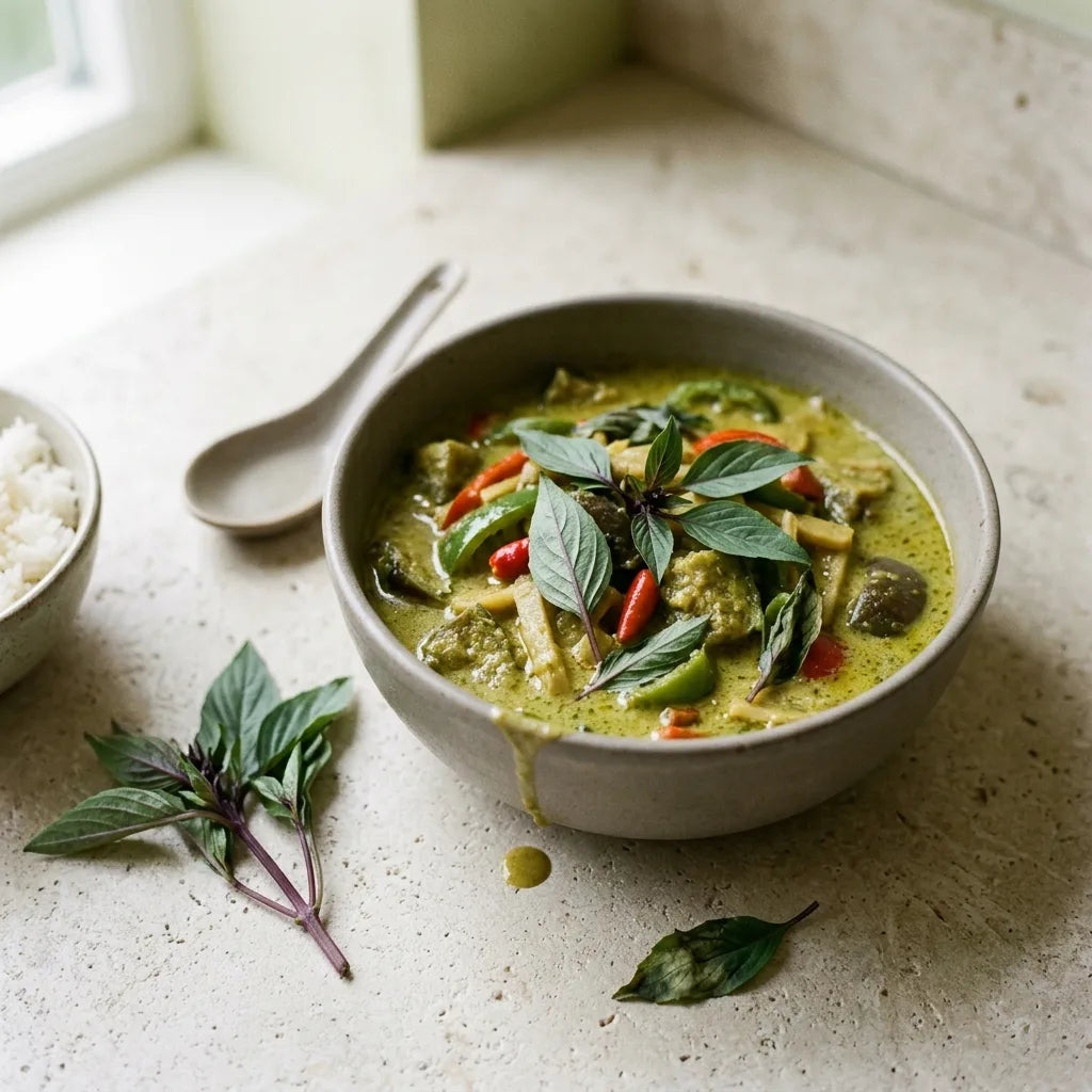 Curry vert thaï parsemé de feuilles fraîches de basilic thaï à tige pourpre — SemiSauvage