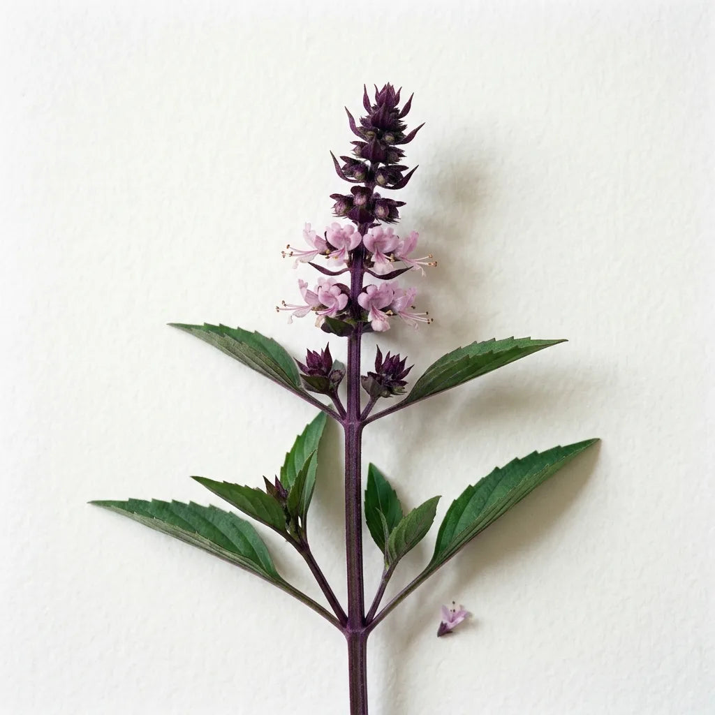 Rameau fleuri de basilic thaï (Ocimum basilicum var. thyrsiflora) sur fond blanc : tige pourpre et épi à bractées violacées — SemiSauvage