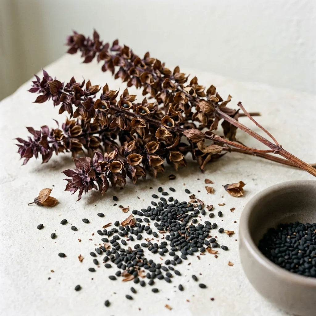 Récolte de graines de basilic thaï : épis secs à calices ouverts et petites graines noires — SemiSauvage