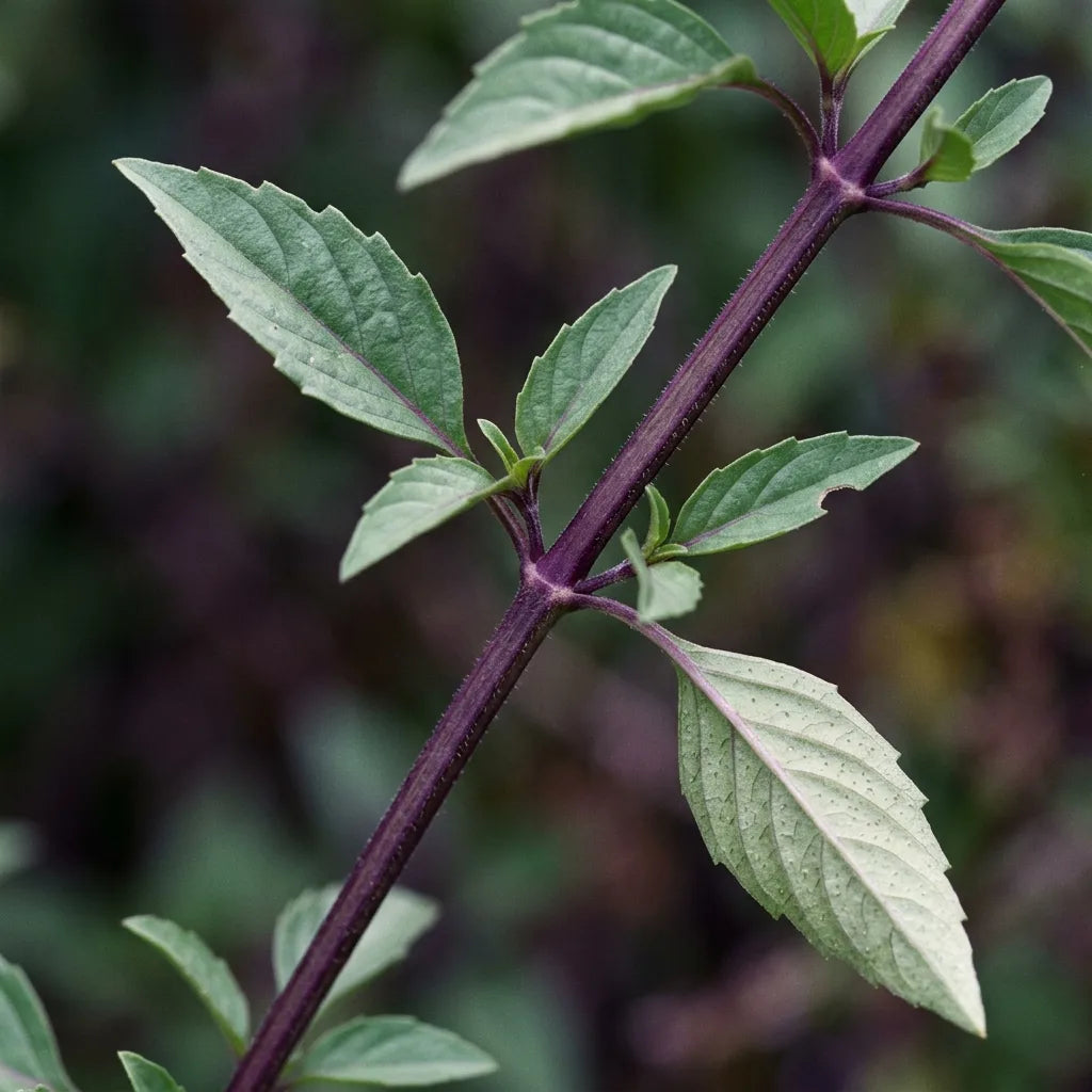 Tige quadrangulaire pourpre du basilic thaï et feuilles opposées étroites à marge légèrement dentée — SemiSauvage