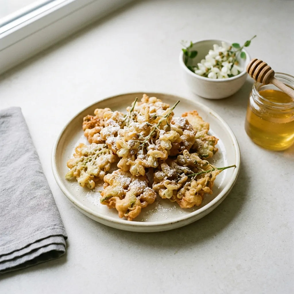 Beignets de fleurs d'acacia dorés et sucrés, avec miel et grappes fraîches — SemiSauvage