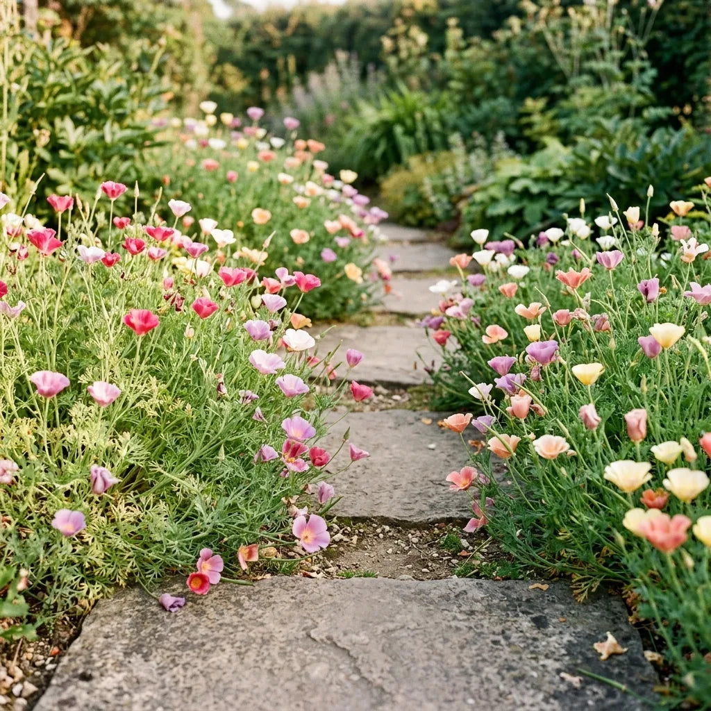 Belles californiennes en bordure basse le long d'une allée de pas japonais