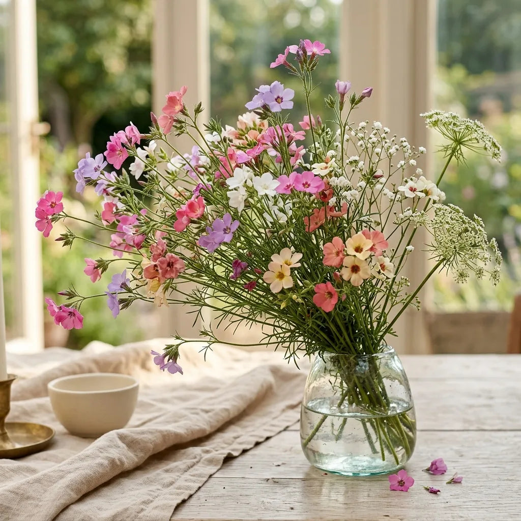 Bouquet champêtre de belles californiennes dans un vase en verre soufflé