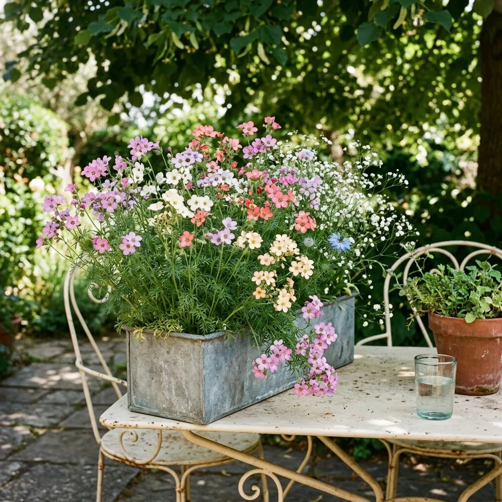 Belles californiennes cultivées en jardinière de zinc sur une terrasse ombragée