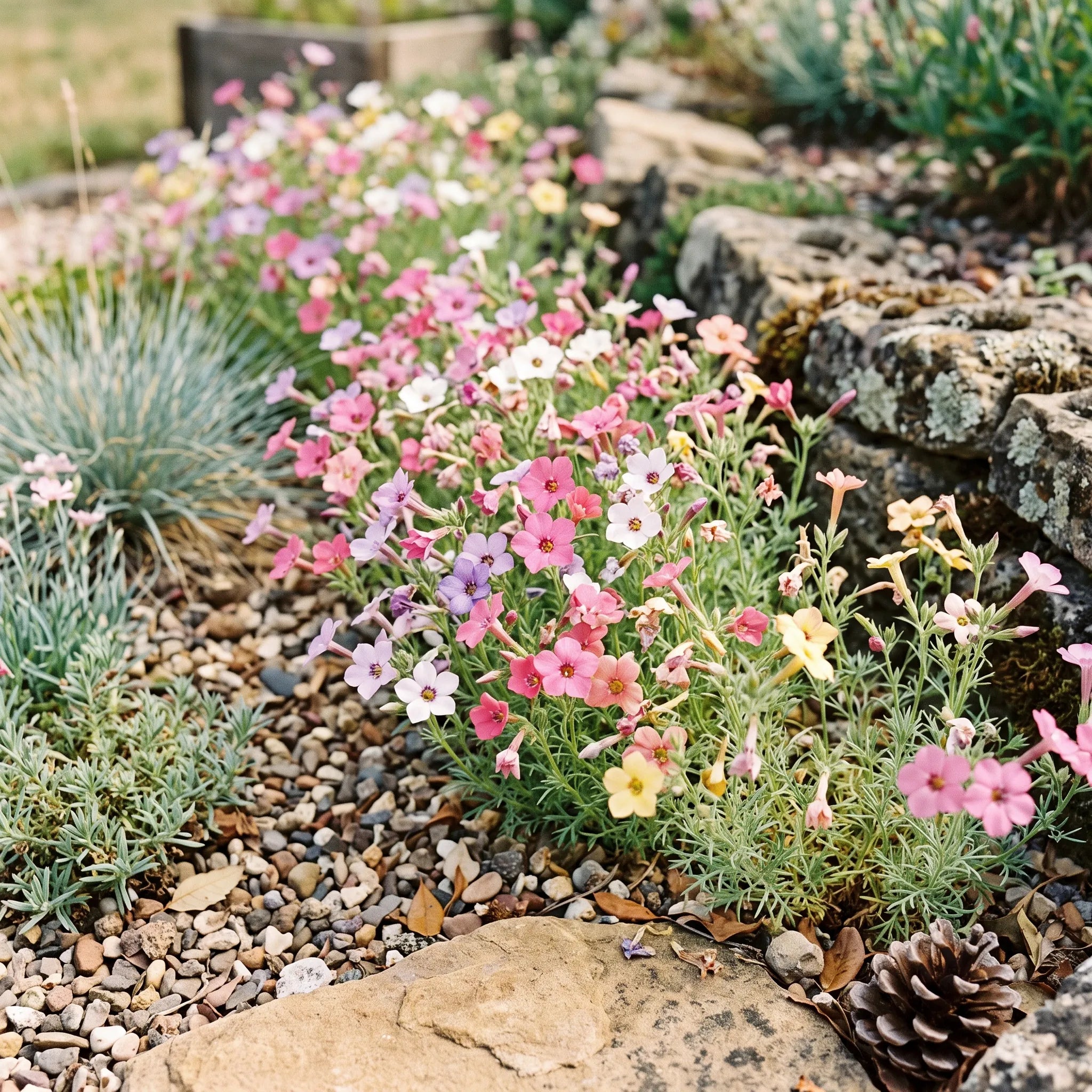 Nappe de belles californiennes en fleur dans une rocaille ensoleillée