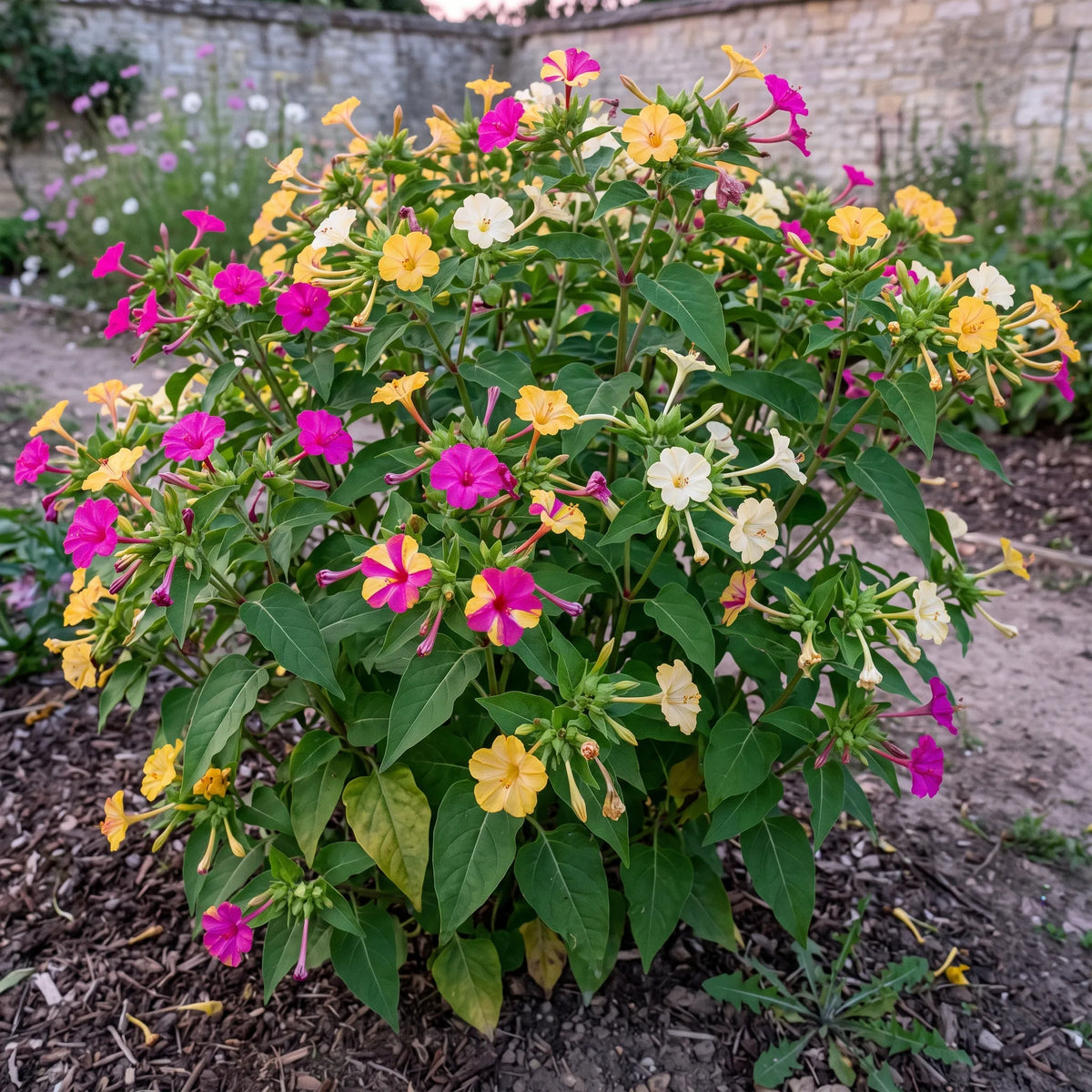 Buisson de belle de nuit en pleine floraison au crepuscule, coloris meles sur un meme pied