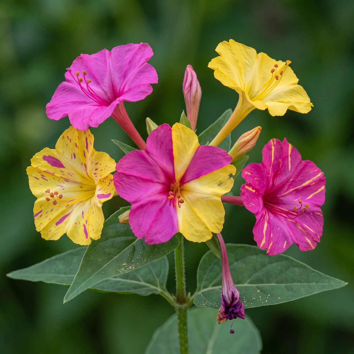 Fleurs panachees de belle de nuit en secteurs irreguliers magenta et jaune sur un meme bouquet