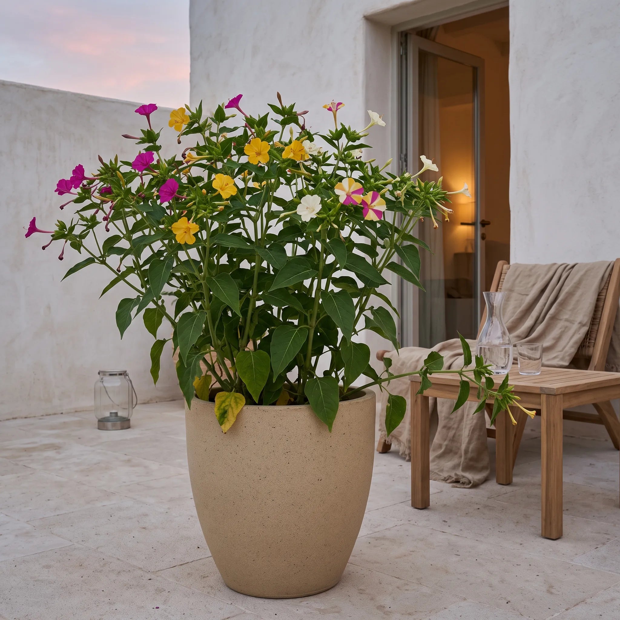 Grande potee de belle de nuit sur une terrasse au crepuscule, pour profiter du parfum du soir
