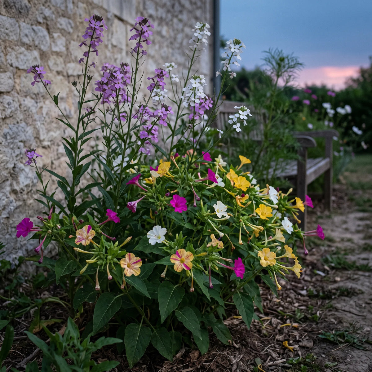 Massif du soir associant la belle de nuit et la julienne des dames le long d un muret de pierre