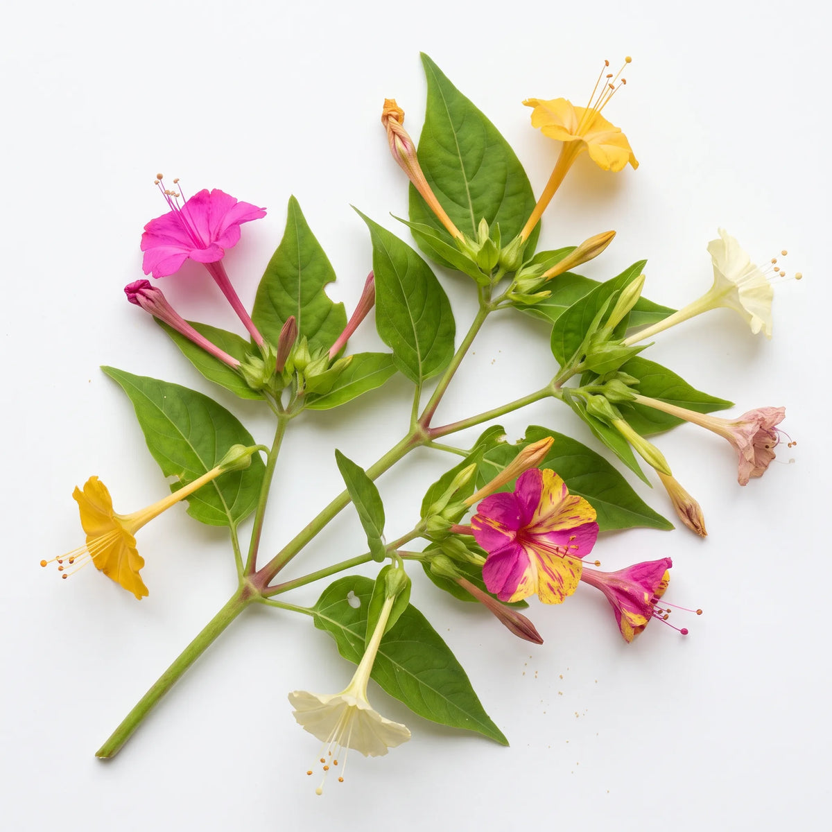 Rameau fleuri de belle de nuit Mirabilis jalapa sur fond blanc, fleurs magenta jaune blanche et panachee