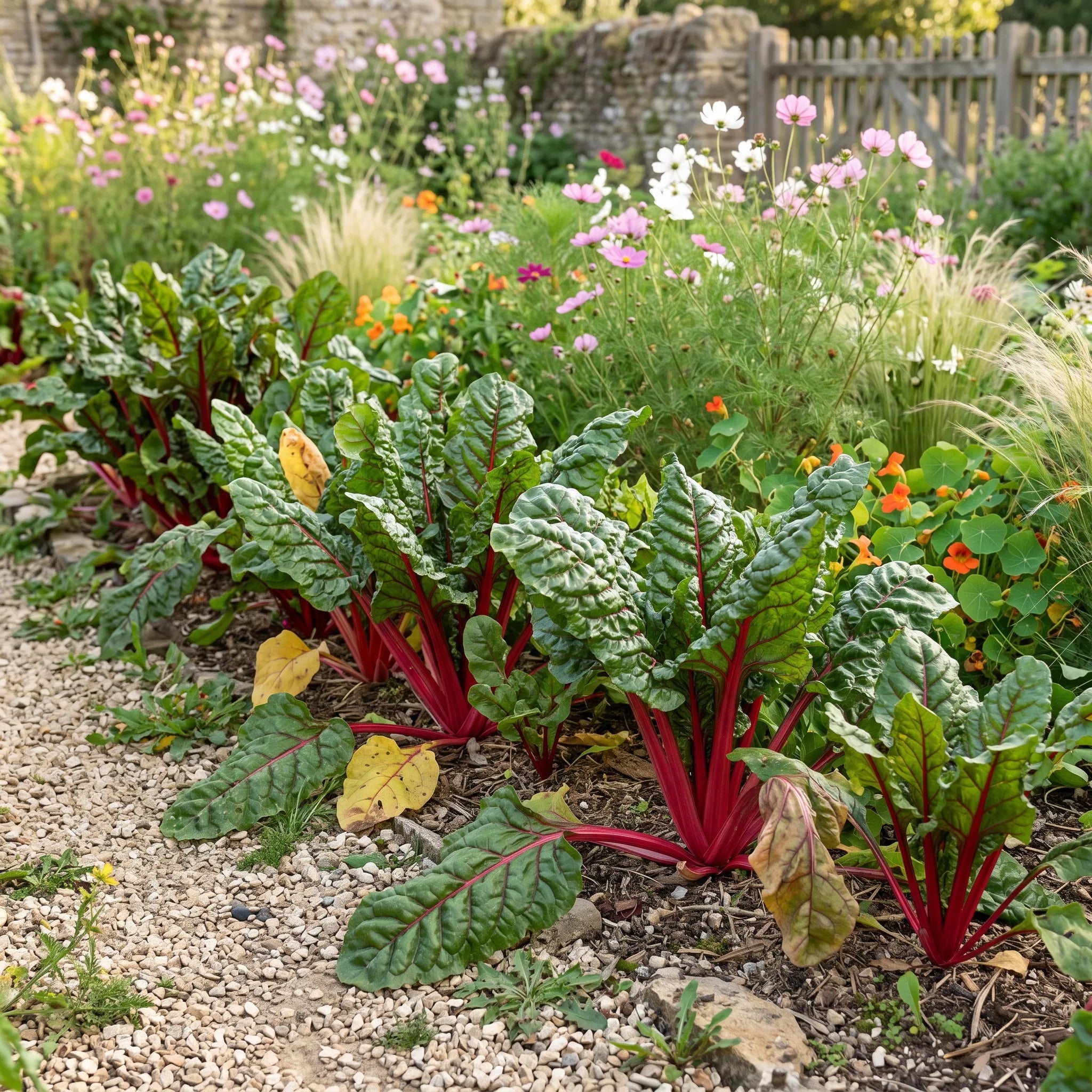 Bette a carde Rhubarbe Rouge en bordure ornementale dans une plate-bande fleurie de cosmos et capucines