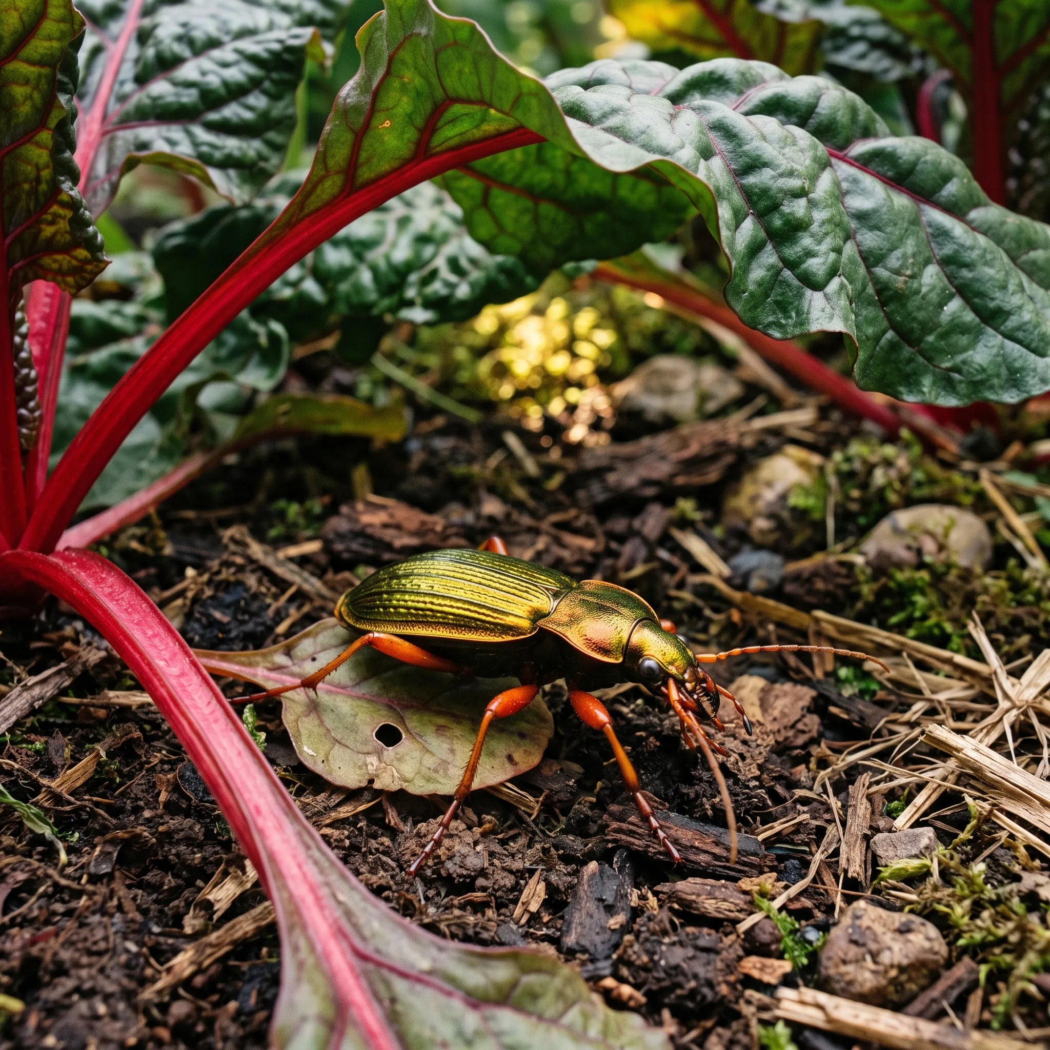 Carabe dore auxiliaire du potager sous le couvert d une touffe de bette a carde rouge