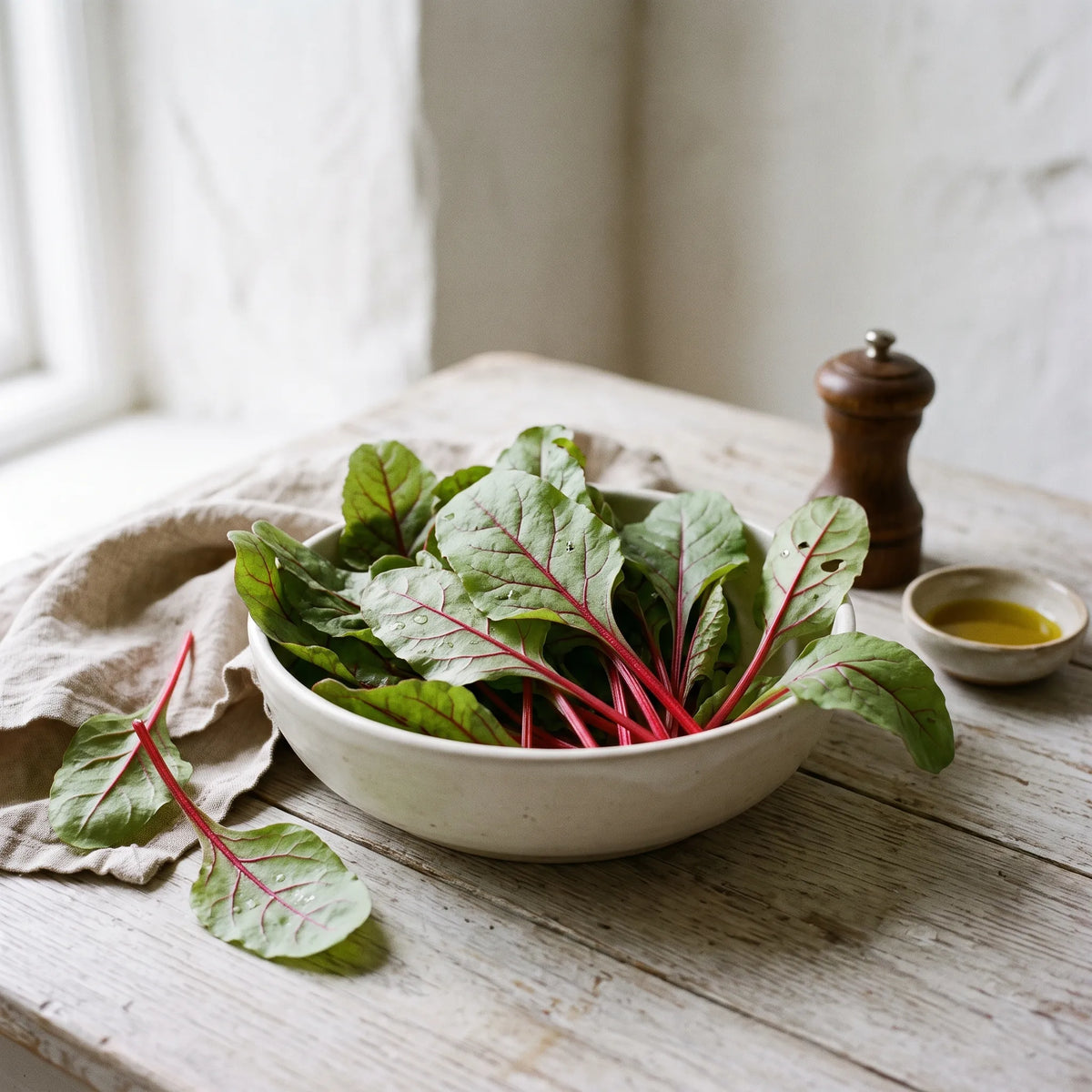 Jeunes feuilles crues de bette a carde rouge dans un bol, a manger en salade