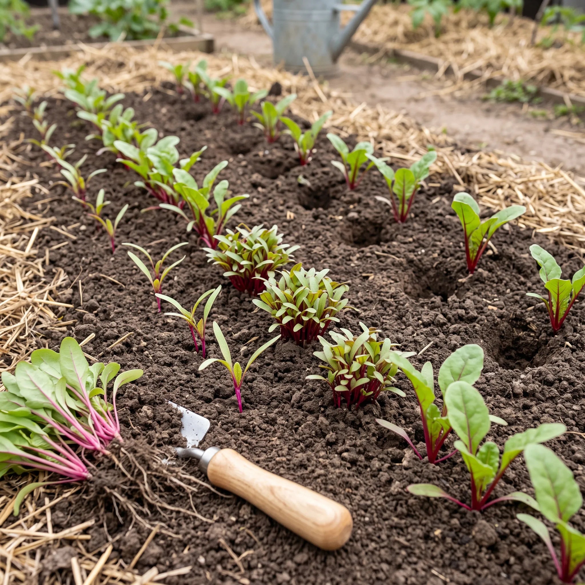 Jeunes plants de bette a carde en ligne au potager, touffes serrees a eclaircir et rang deja eclairci