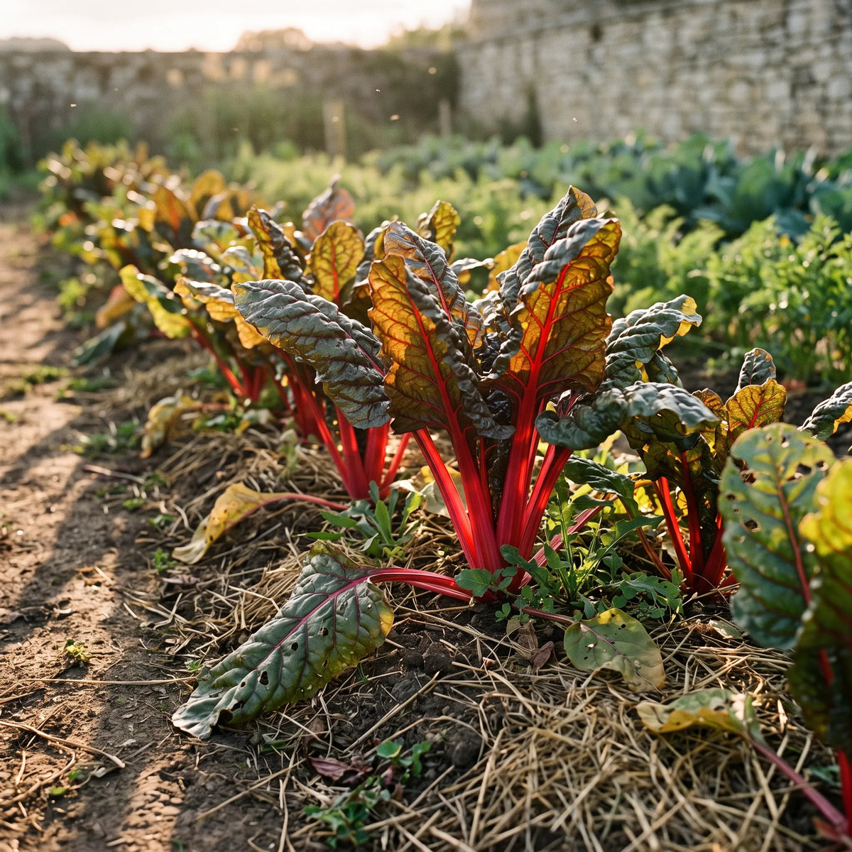 Rang de bette a carde Rhubarbe Rouge au potager, cotes rouges illuminees en contre-jour